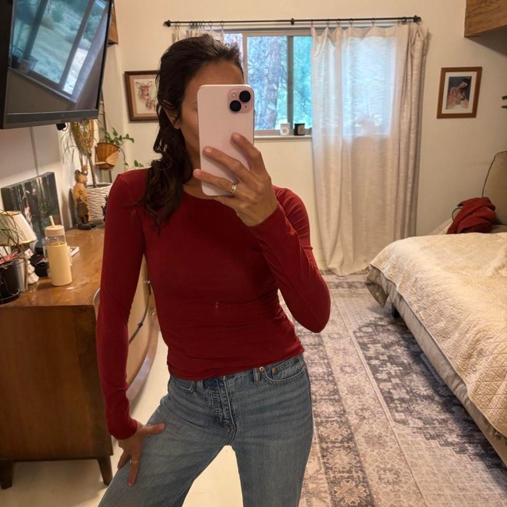 Zara Womens Long Sleeve Crew Neck Top Burgundy Red Size Small